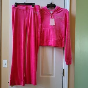 Juicy Couture Velour Pink Party Tracksuit 2 Pc Set Hoodie & Pants Size S Small